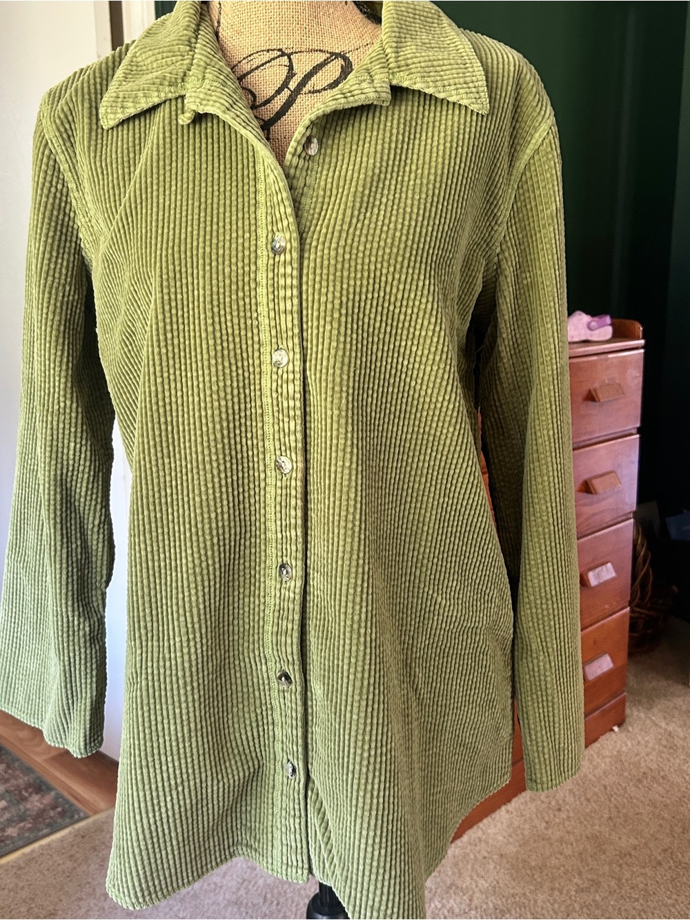 J. Jill 100% Cotton Olive Green Corduroy Button-Front Women's Top